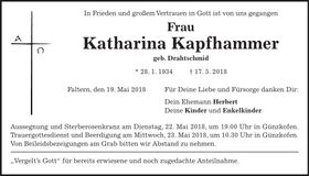 Traueranzeige Katharina Kapfhammer