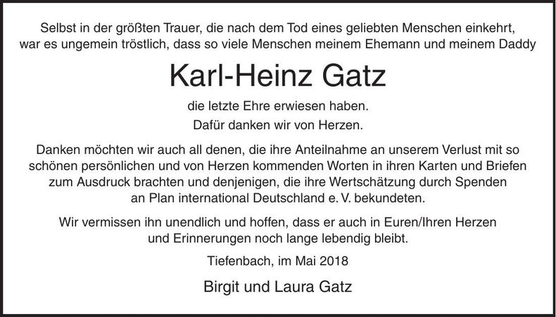 Traueranzeige Karl-Heinz Gatz
