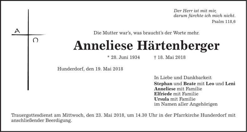 Traueranzeige Anneliese Härtenberger