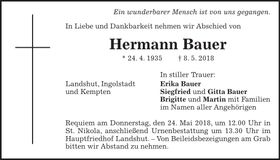 Traueranzeige Hermann Bauer
