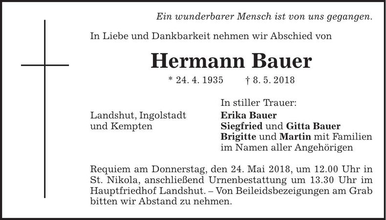 Traueranzeige Hermann Bauer