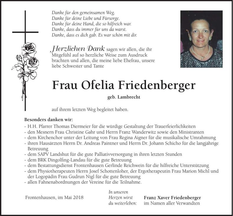 Traueranzeige Ofelia Friedenberger
