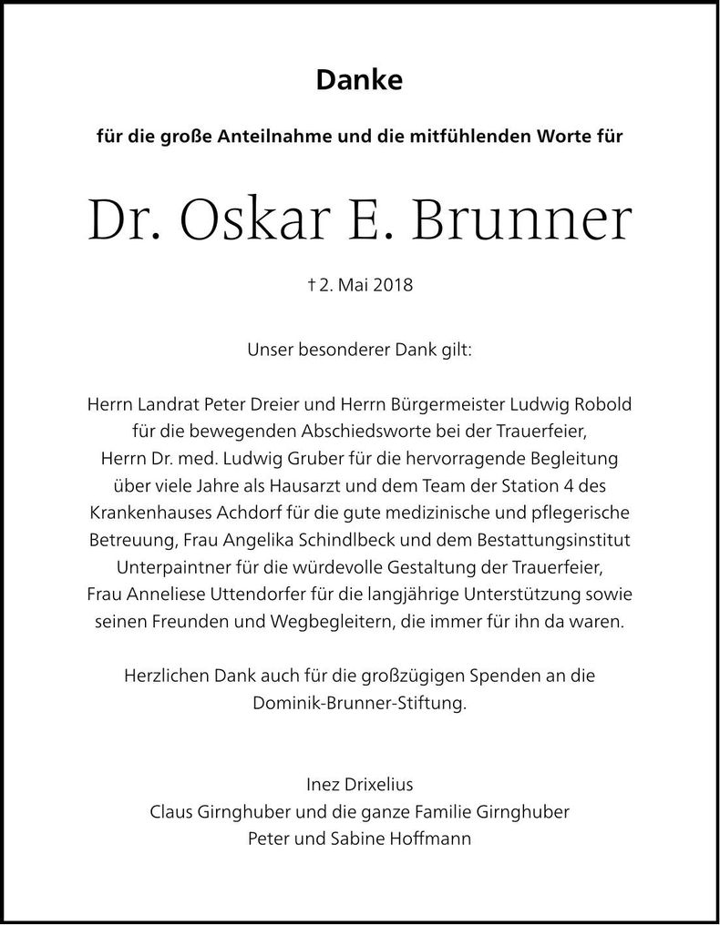 Traueranzeige Oskar Dr. Brunner