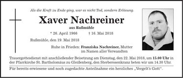 Traueranzeige Xaver Nachreiner