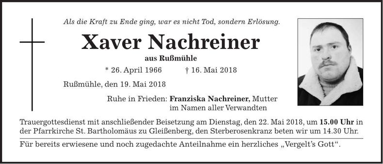 Traueranzeige Xaver Nachreiner