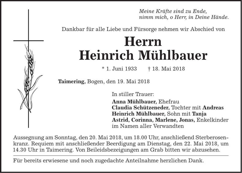 Traueranzeige Heinrich Mühlbauer