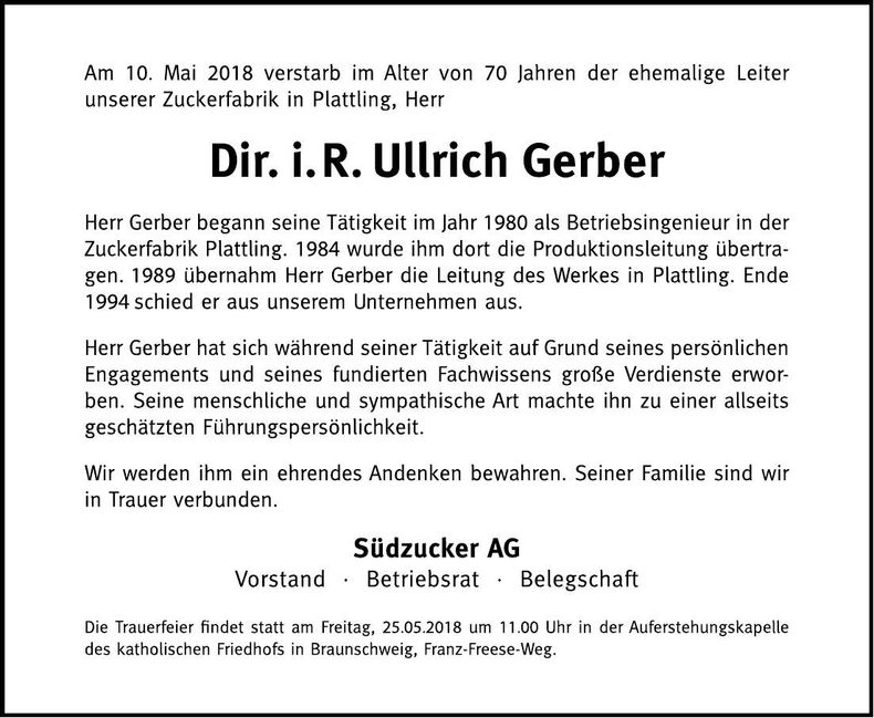 Traueranzeige Ullrich Gerber