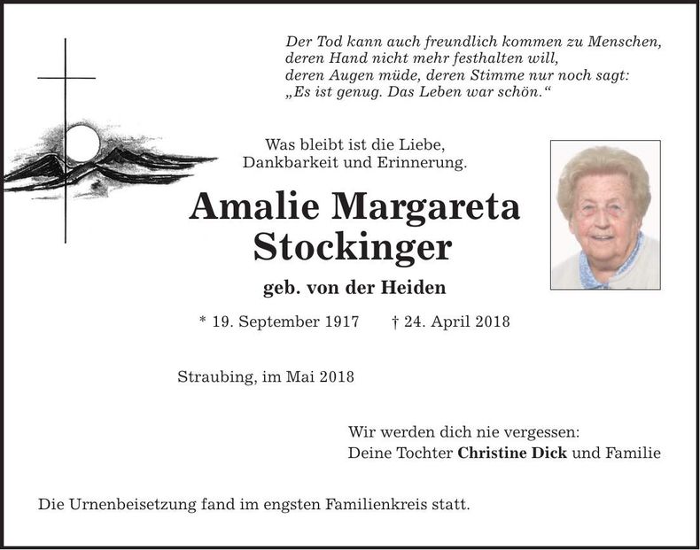Traueranzeige Amalie, Margareta Stockinger