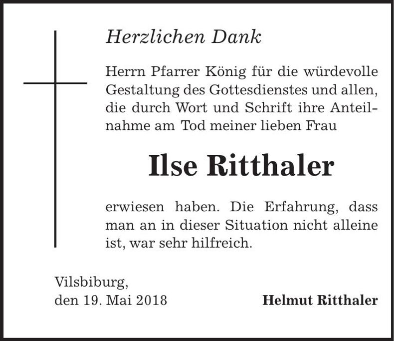 Traueranzeige Ilse Ritthaler