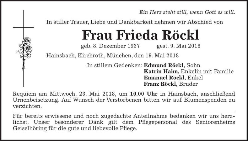 Traueranzeige Frieda Röckl