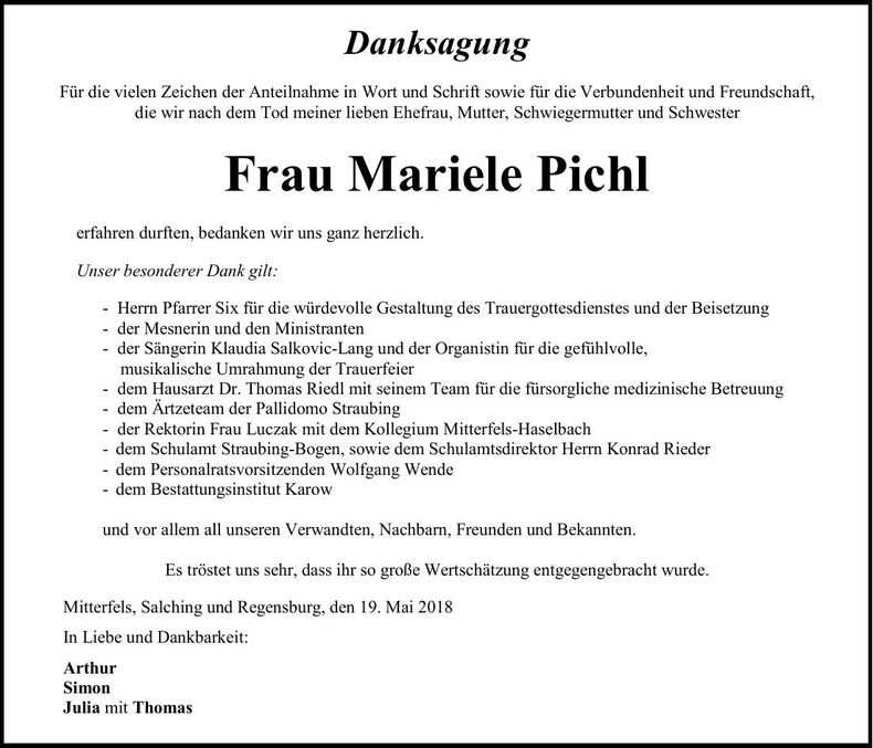 Traueranzeige Mariele Pichl