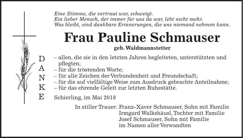Traueranzeige Pauline Schmauser
