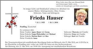 Traueranzeige Frieda Hauser