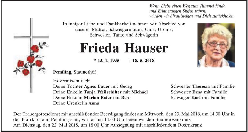 Traueranzeige Frieda Hauser