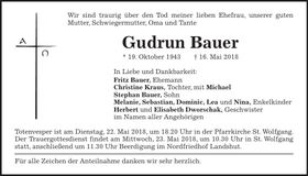 Traueranzeige Gudrun Bauer