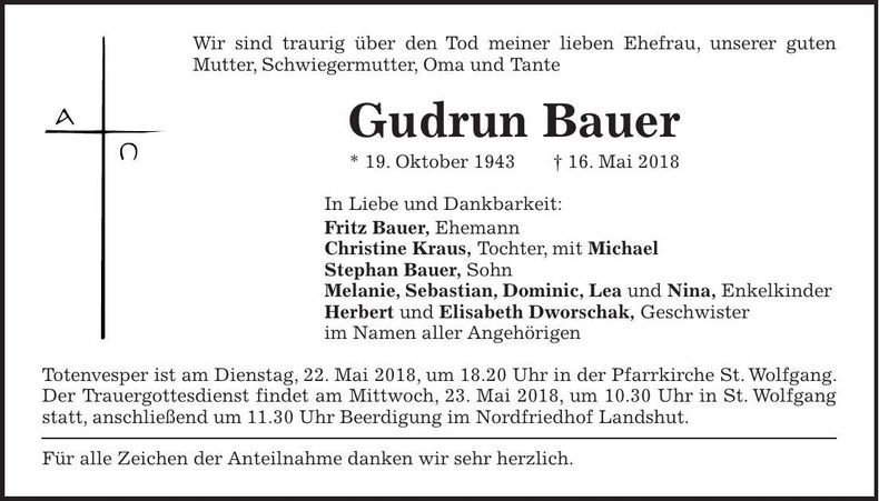 Traueranzeige Gudrun Bauer