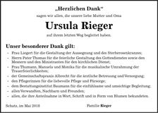 Traueranzeige Ursula Rieger