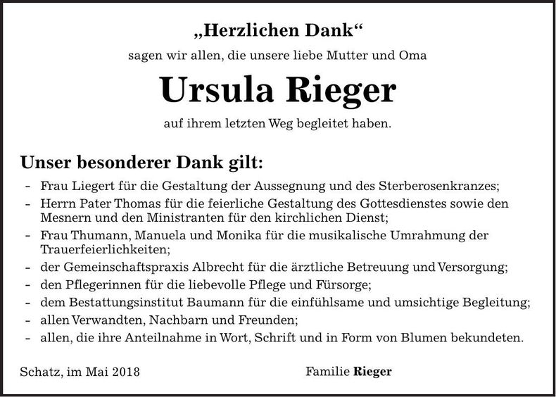 Traueranzeige Ursula Rieger
