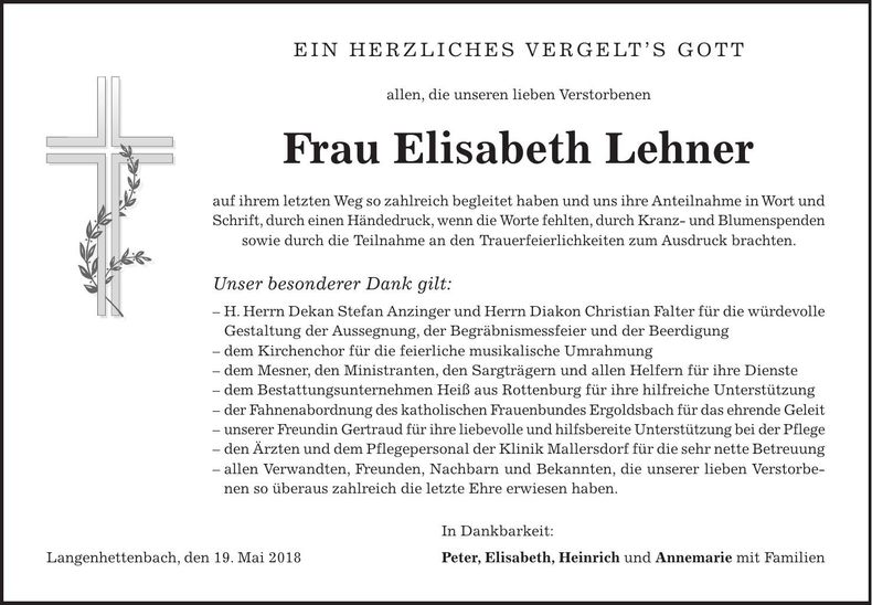 Traueranzeige Elisabeth Lehner