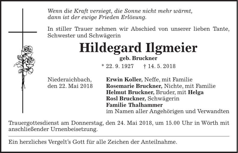 Traueranzeige Hildegard Ilgmeier