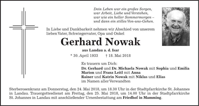 Traueranzeige Gerhard Nowak