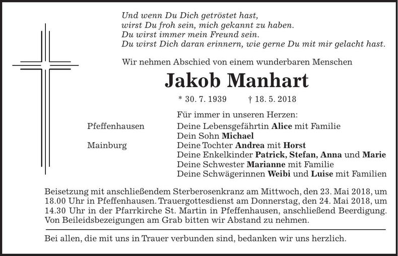 Traueranzeige Jakob Manhart