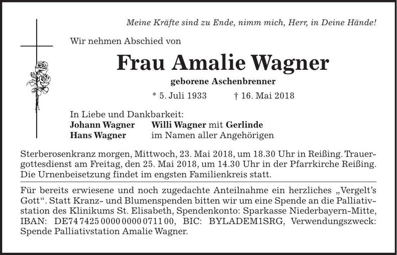 Traueranzeige Amalie Wagner