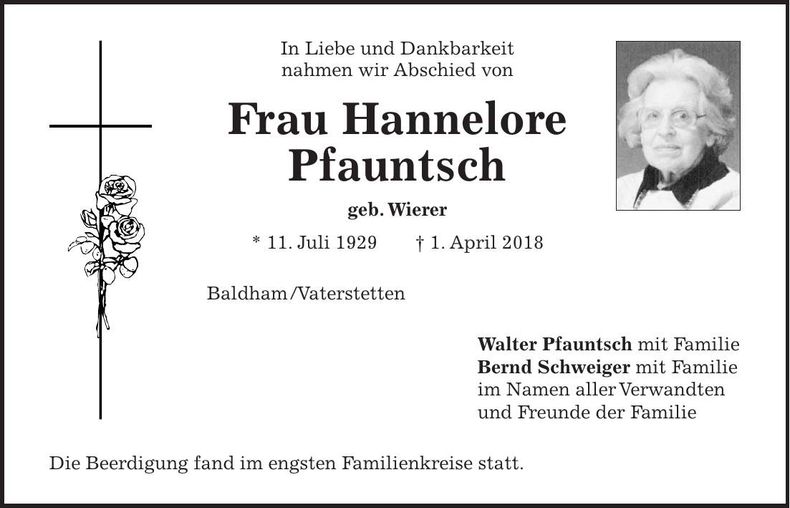Traueranzeige Hannelore Pfauntsch