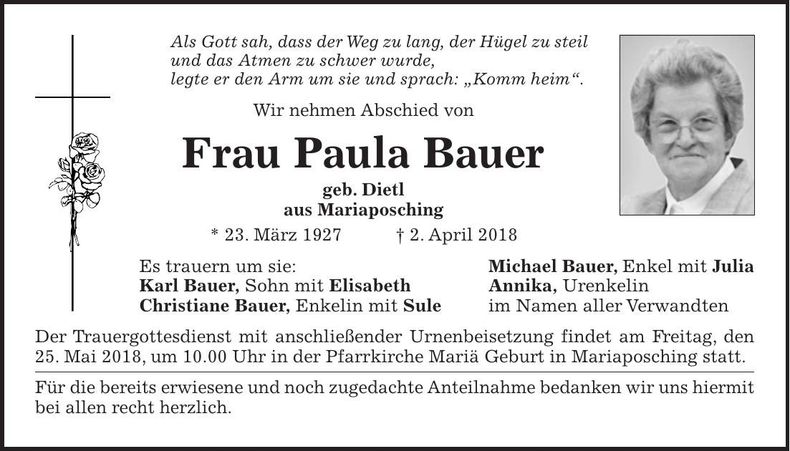 Traueranzeige Paula Bauer