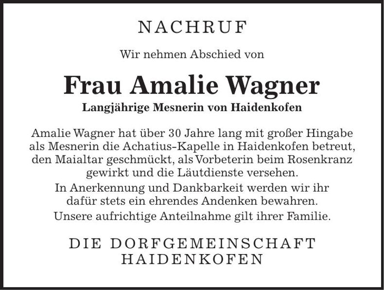 Traueranzeige Amalie Wagner