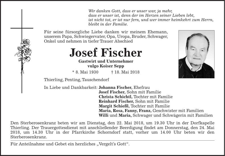 Traueranzeige Josef Fischer