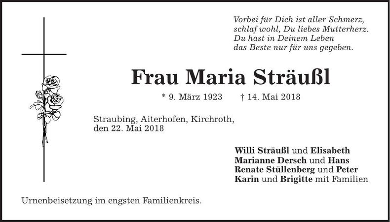 Traueranzeige Maria Sträußl