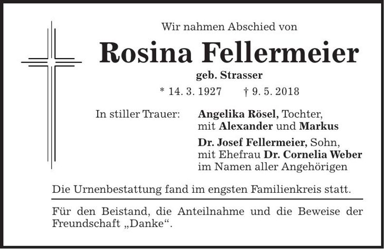 Traueranzeige Rosina Fellermeier
