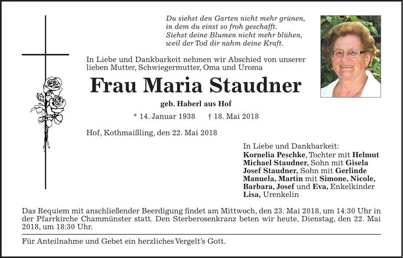 Traueranzeige Maria Staudner