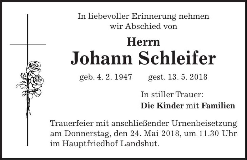 Traueranzeige Johann Schleifer