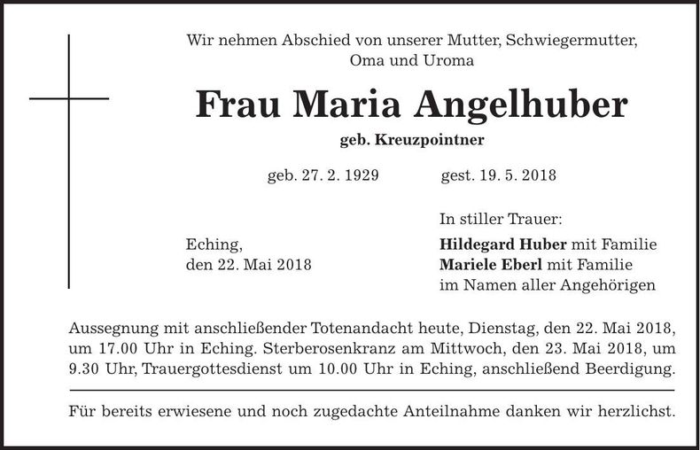 Traueranzeige Maria Angelhuber