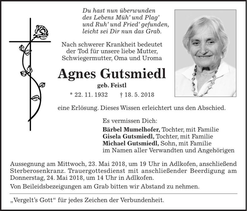 Traueranzeige Agnes Gutsmiedl