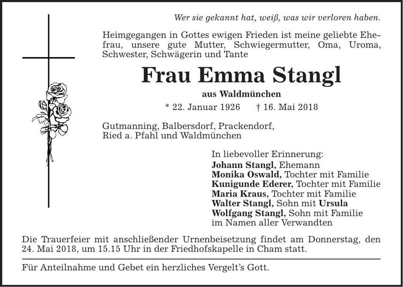 Traueranzeige Emma Stangl