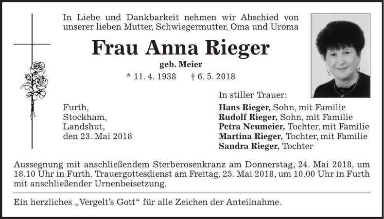 Traueranzeige Anna Rieger