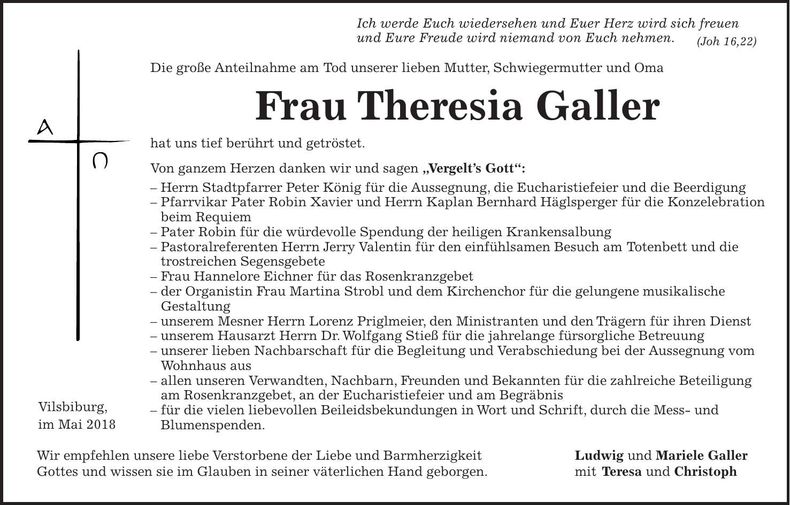 Traueranzeige Theresia Galler