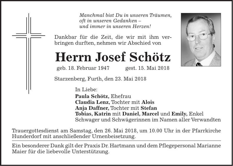 Traueranzeige Josef Schötz