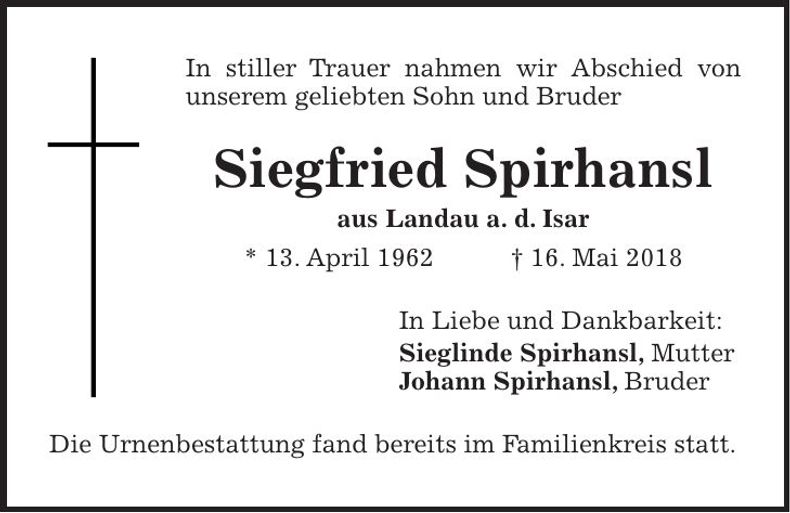 Traueranzeige Siegfried Spirhansl