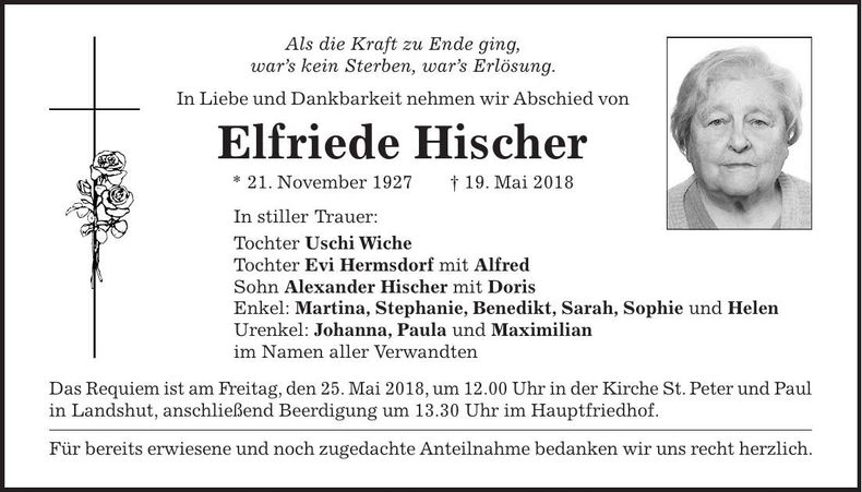 Traueranzeige Elfriede Hischer