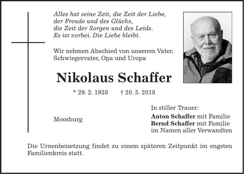 Traueranzeige Nikolaus Schaffer