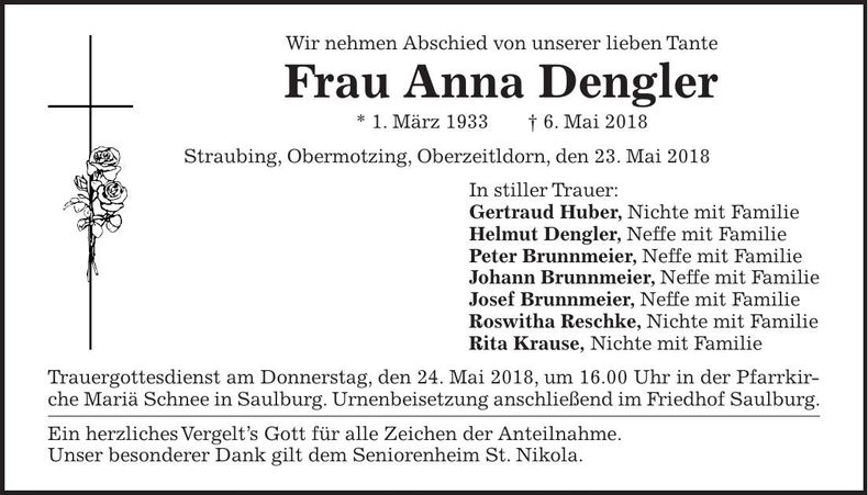 Traueranzeige Anna Dengler