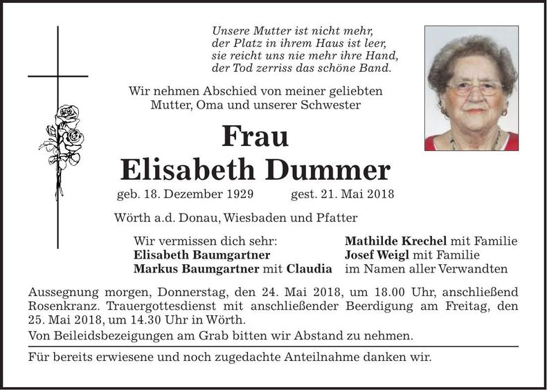 Traueranzeige Elisabeth Dummer