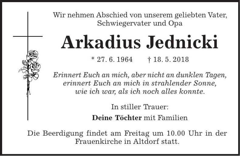 Traueranzeige Arkadius Jednicki