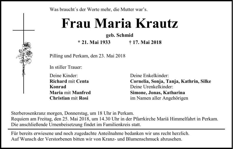 Traueranzeige Maria Krautz
