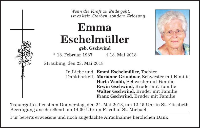 Traueranzeige Emma Eschelmüller