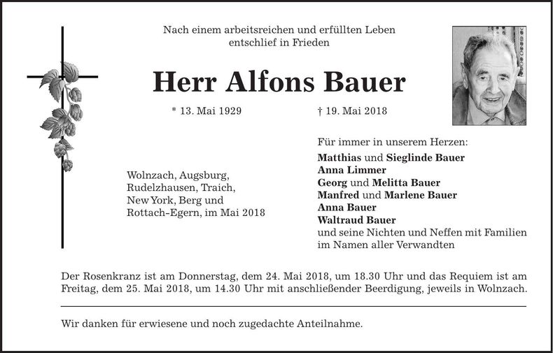 Traueranzeige Alfons Bauer